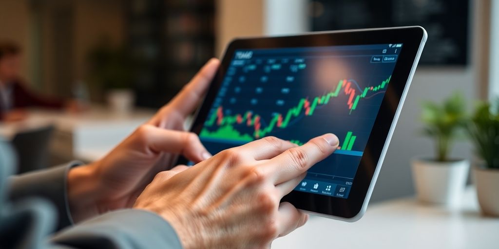 Person's hands holding a tablet with virtual trading interface.