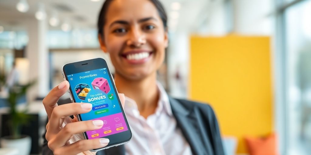 Smiling person holding a phone with a promotional offer visual.