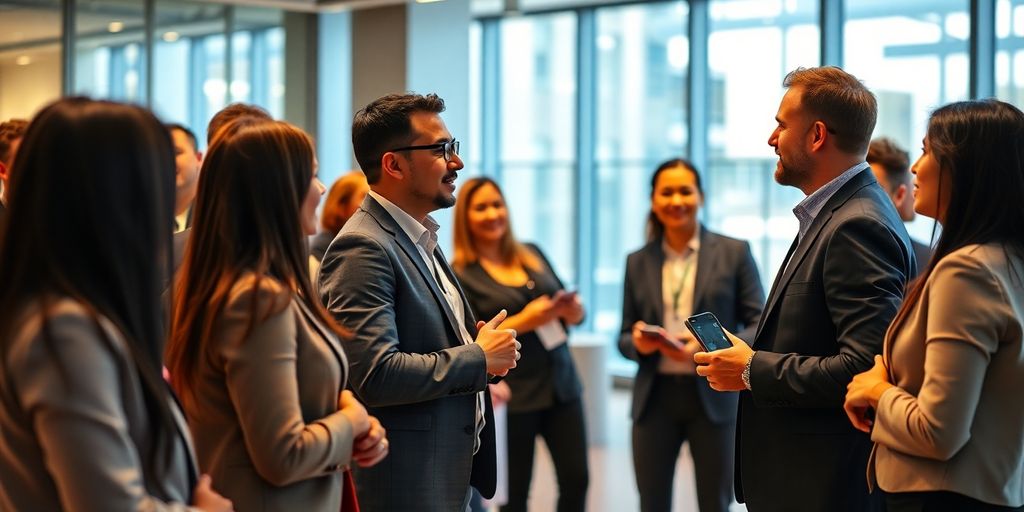 Diverse professionals networking in a modern corporate setting.
