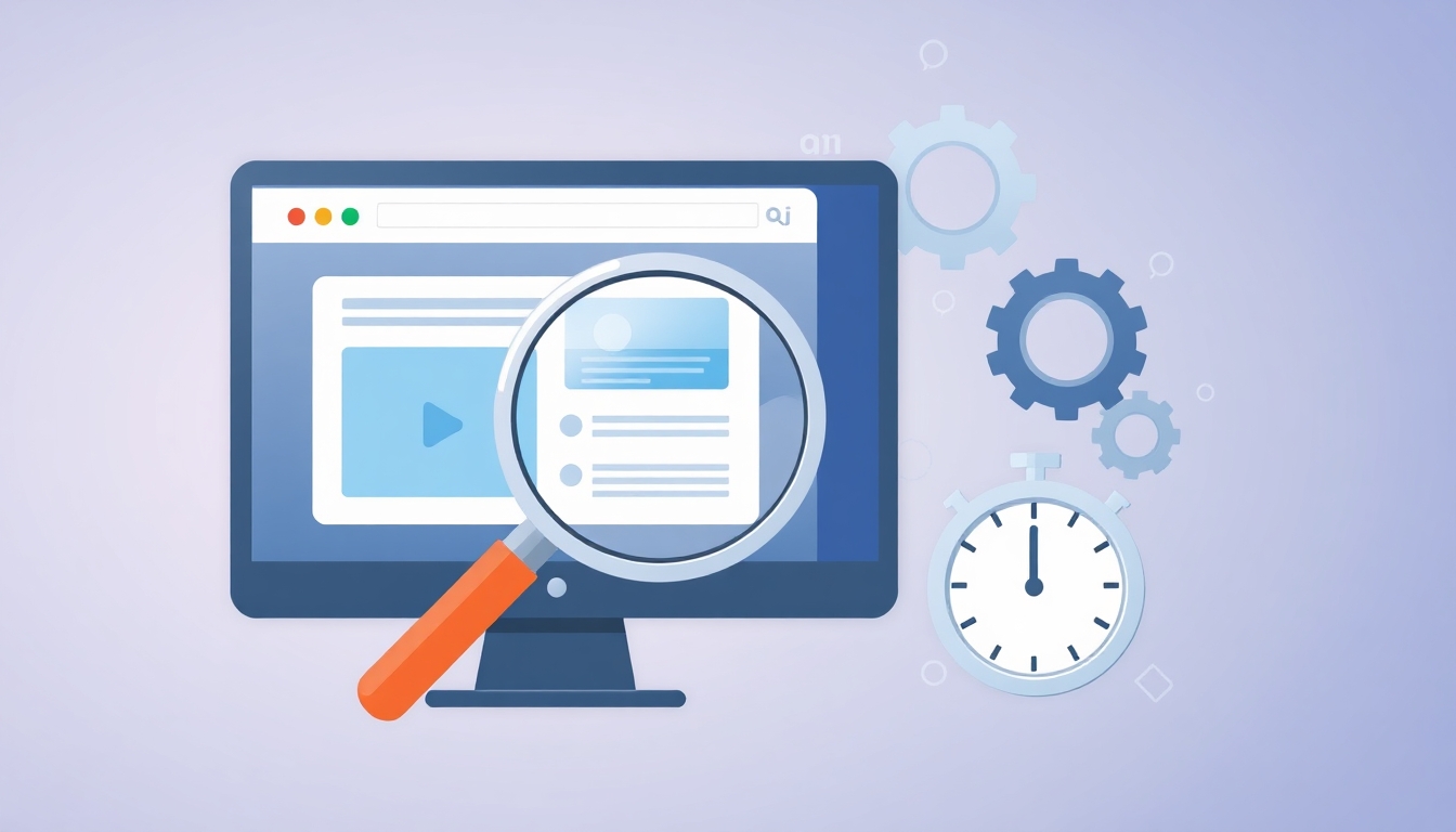Illustration of a website audit process with tools.