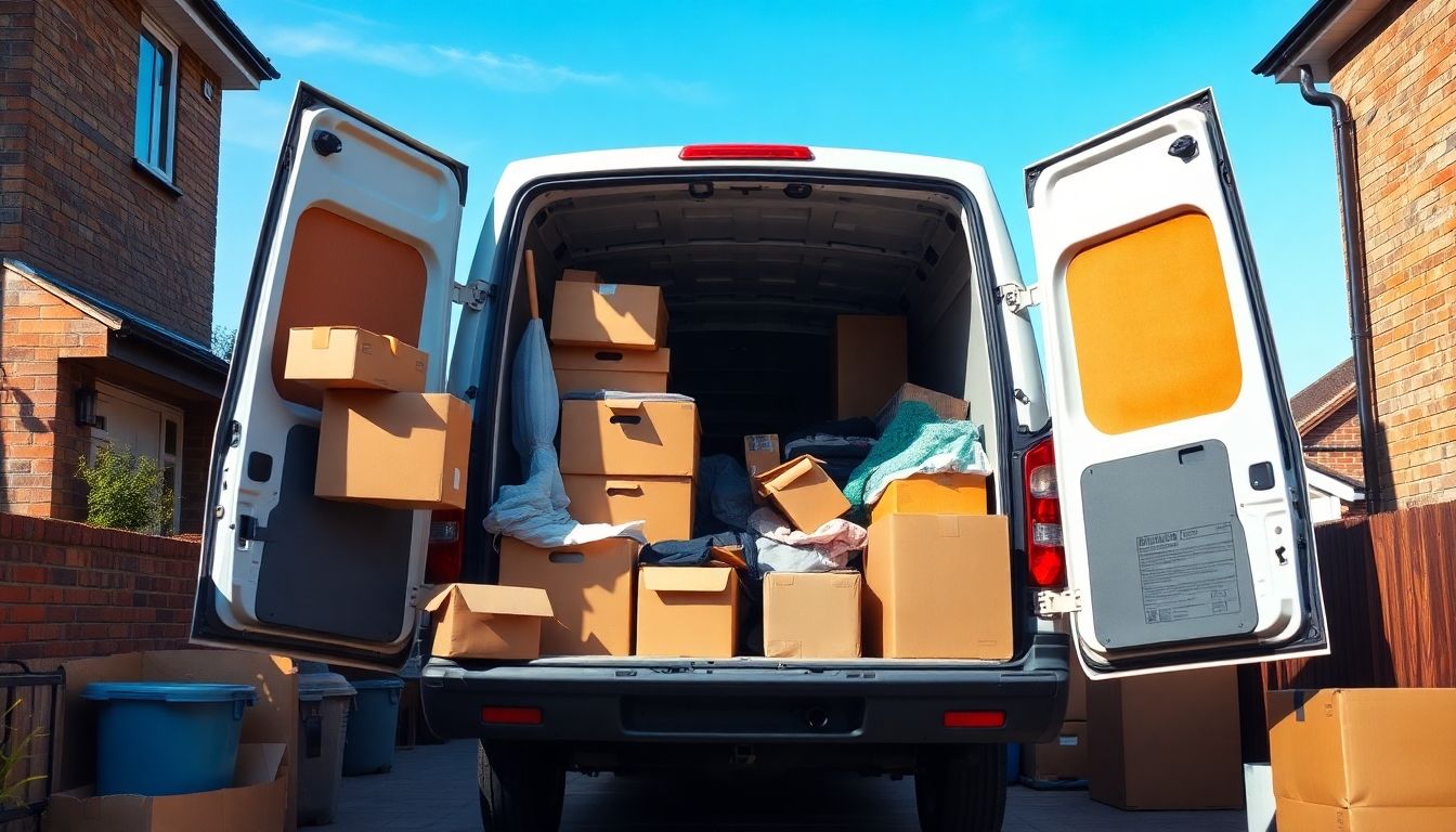 House clearance scene with boxes and furniture in London.