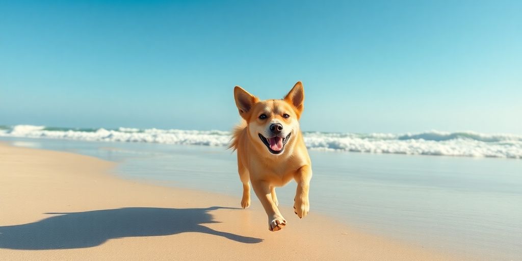 Hund am Strand mit Wellen und Sonnenschein.
