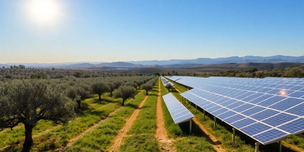 Panneaux solaires dans champ d'oliviers andalous