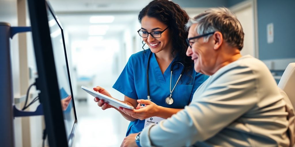 Healthcare worker using technology with patient in hospital.