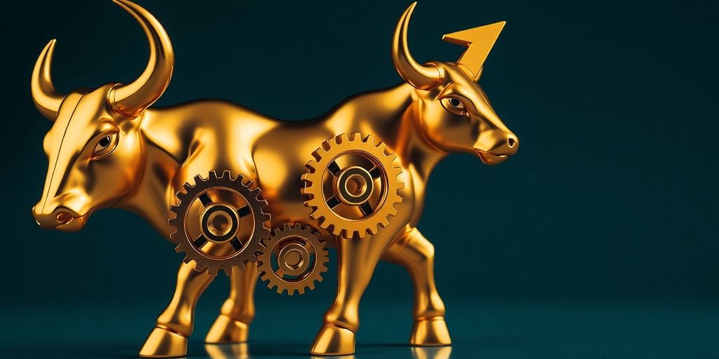 Golden stylized bull, gears, and upward-sloping arrow.