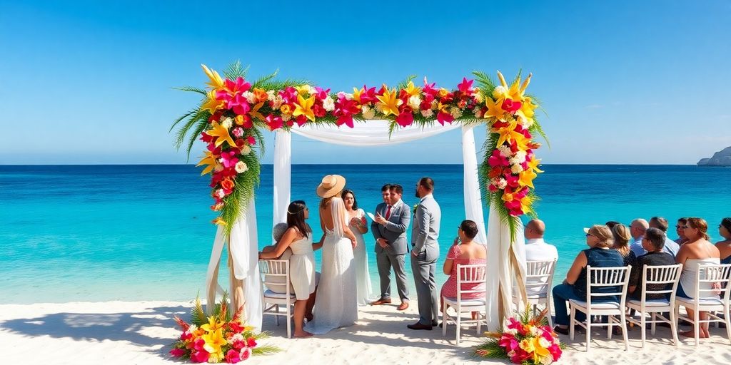 Cabo beach ceremony with 100 guests and floral arch.