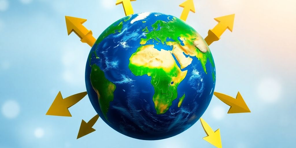 Globe with upward-trending gold arrows.