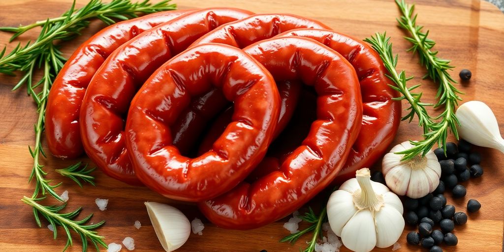 Salsicce ticinesi fresche su tagliere di legno con erbe aromatiche