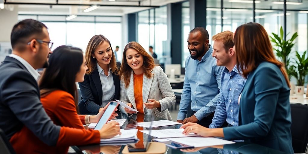 Ambiente de trabalho moderno com equipe colaborando em marketing.