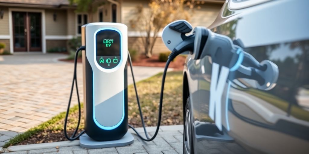 Home EV charging station with electric car in driveway.