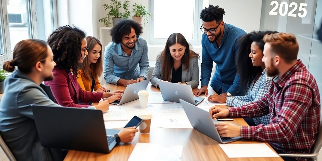 Group of entrepreneurs collaborating on a startup plan.