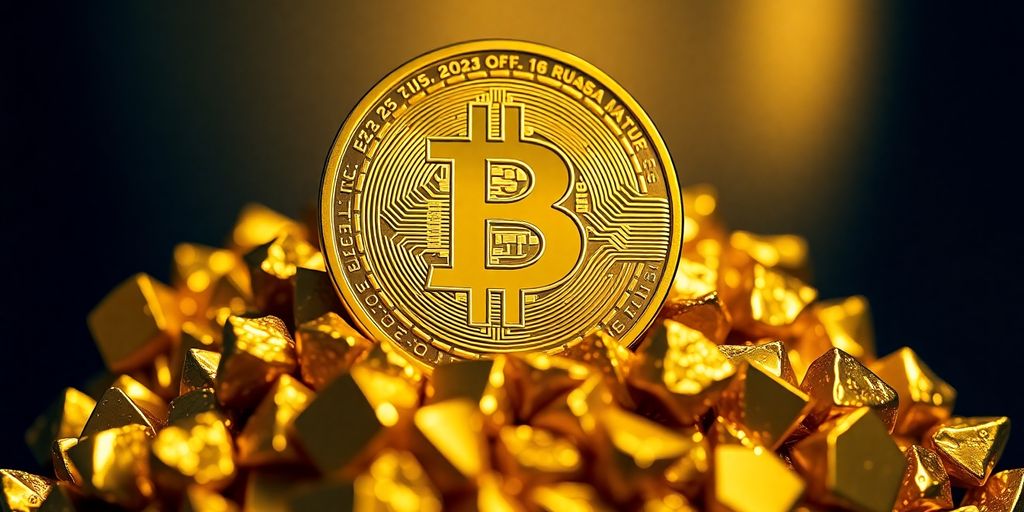 Bitcoin-Münze auf goldenen Nuggets