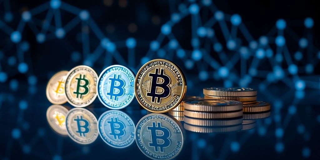 Close-up of digital tokens on a reflective surface.