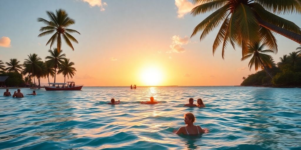 Vibrant beach in the South Pacific with tourists.