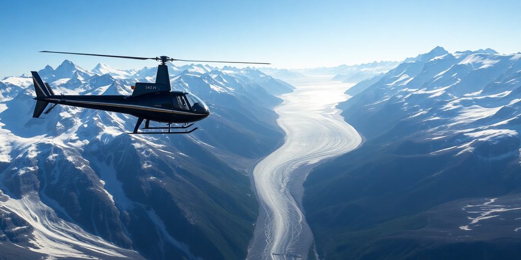A helicopter flies over vast, snow-covered Alaskan mountain ranges.