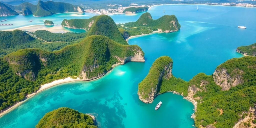 Aerial view of Krabi's scenic landscapes and turquoise waters.