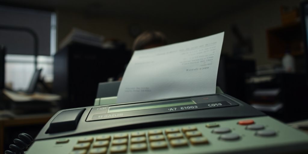 Vintage fax machine sending document.
