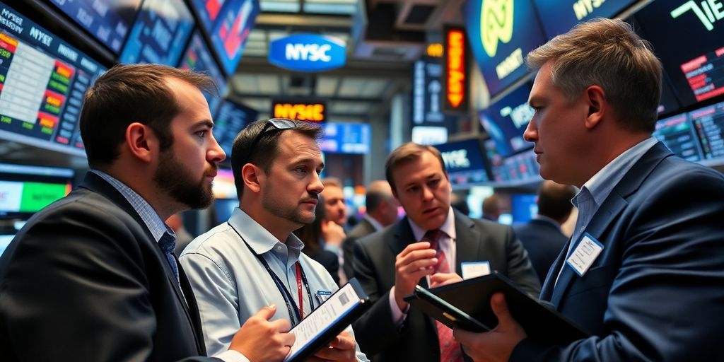 Traders engaged in discussions on a bustling trading floor.