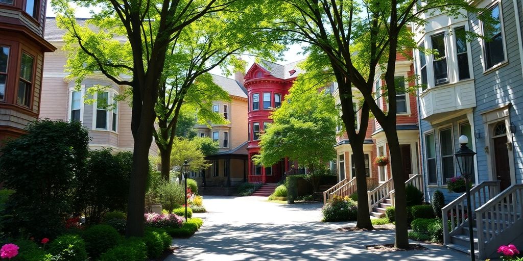 Charming colorful homes lining a cobblestone street in Portland, Maine.