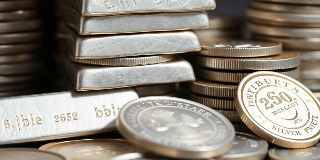 Lingots et pièces d'argent empilés