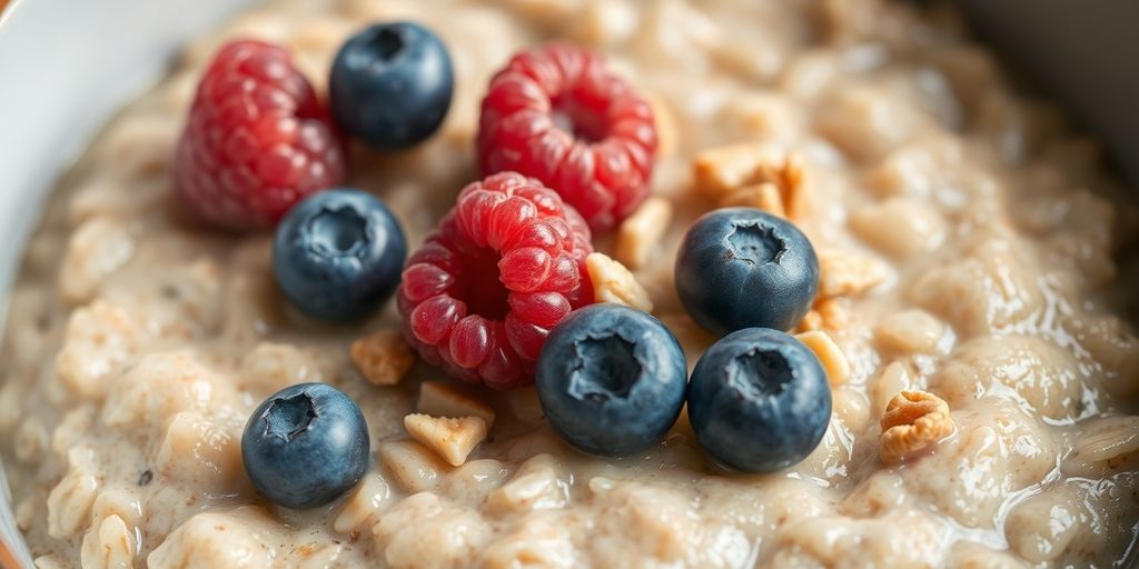 Bowl of oats with berries and nuts.
