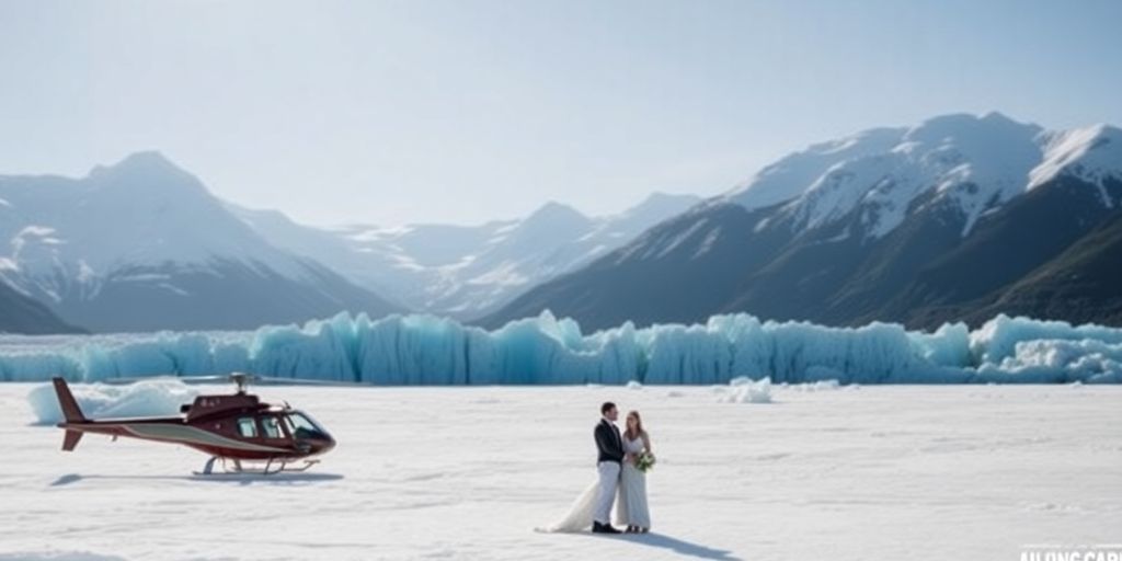 A couple in wedding attire on an Alaskan glacier.