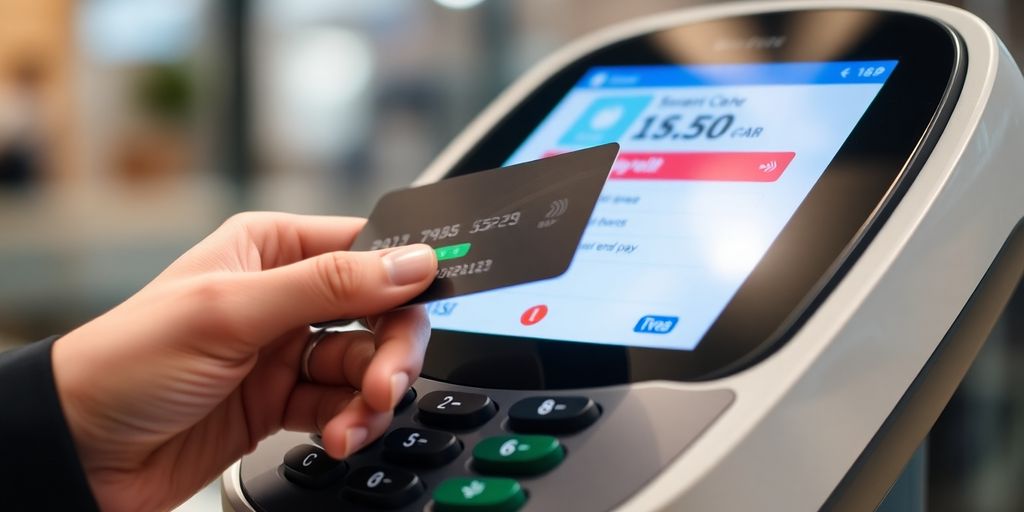 Hand holding a credit card near a payment device.