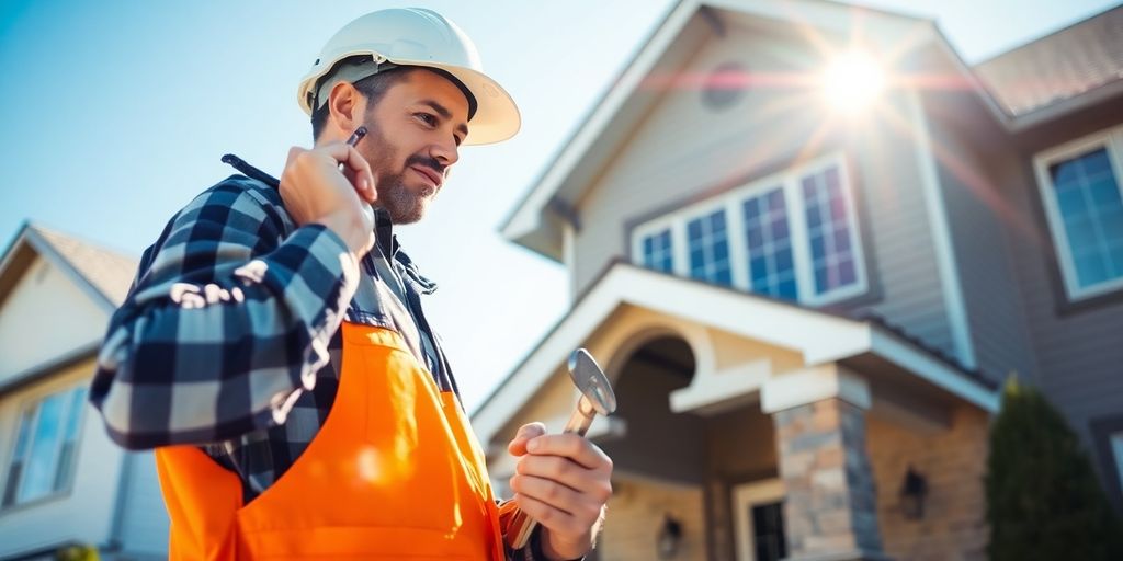 Construction worker inspecting a home with tools in hand.