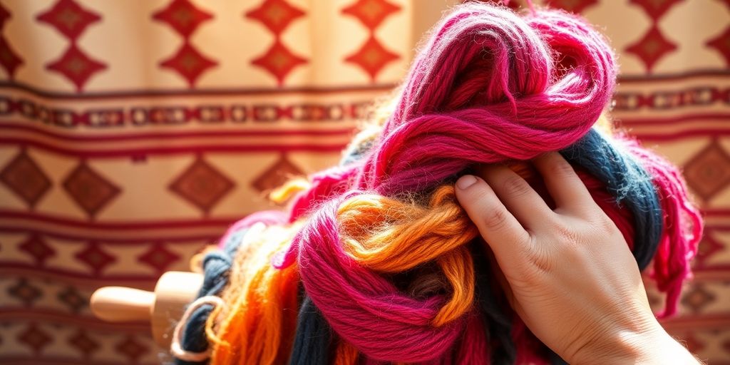 Close-up of vibrant Peruvian wool skeins.
