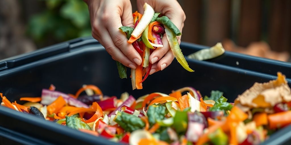 Hands filling a compost bin with vegetable scraps.