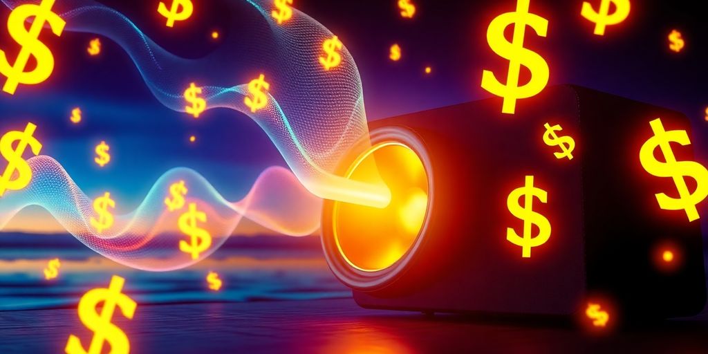 Sound waves with dollar signs in a serene background.