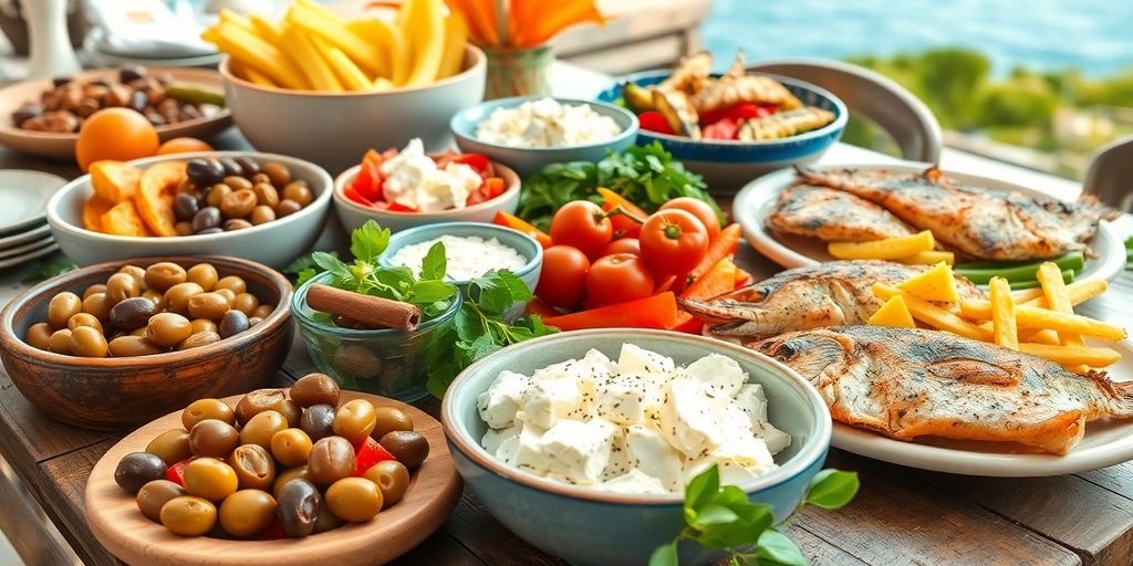 Traditional Greek dishes with fresh ingredients on a table.