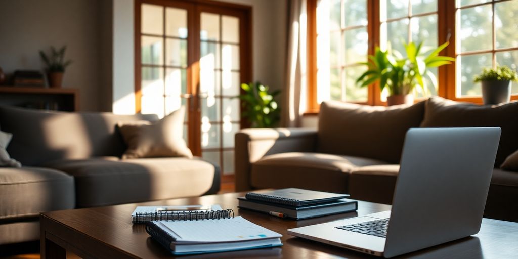 Cozy living room with planner and laptop for appointments.
