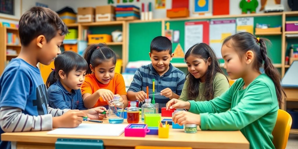 Students collaborating in a colorful K-12 STEM classroom.