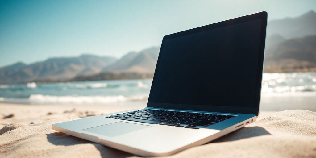 Laptop on beach, California mountains in background.