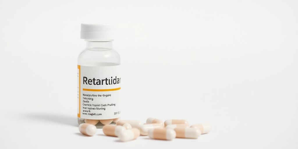 Um frasco de Retatrutida ao lado de cápsulas em uma superfície limpa.