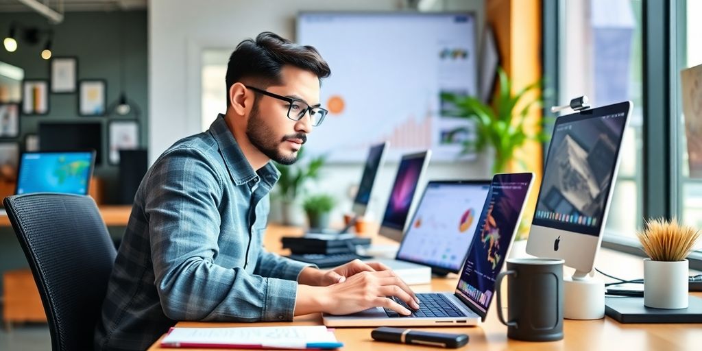 Person using laptop in modern workspace for business.