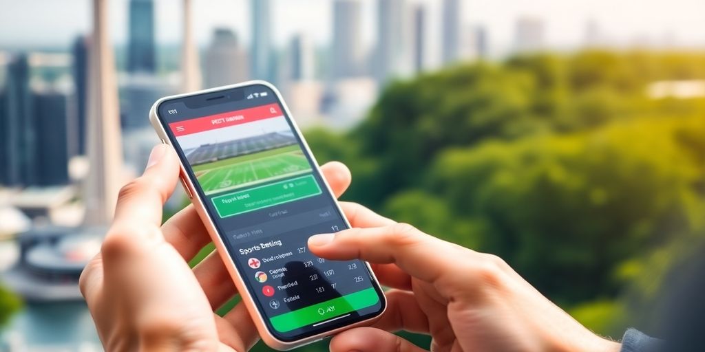 Happy person with smartphone, betting. Ontario background.