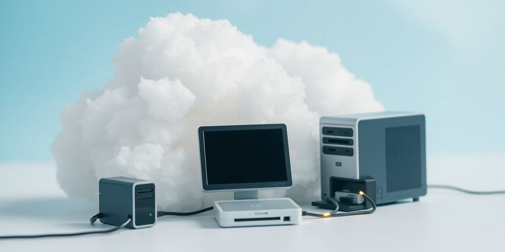 Clouds, desktop, and printer connect digitally.