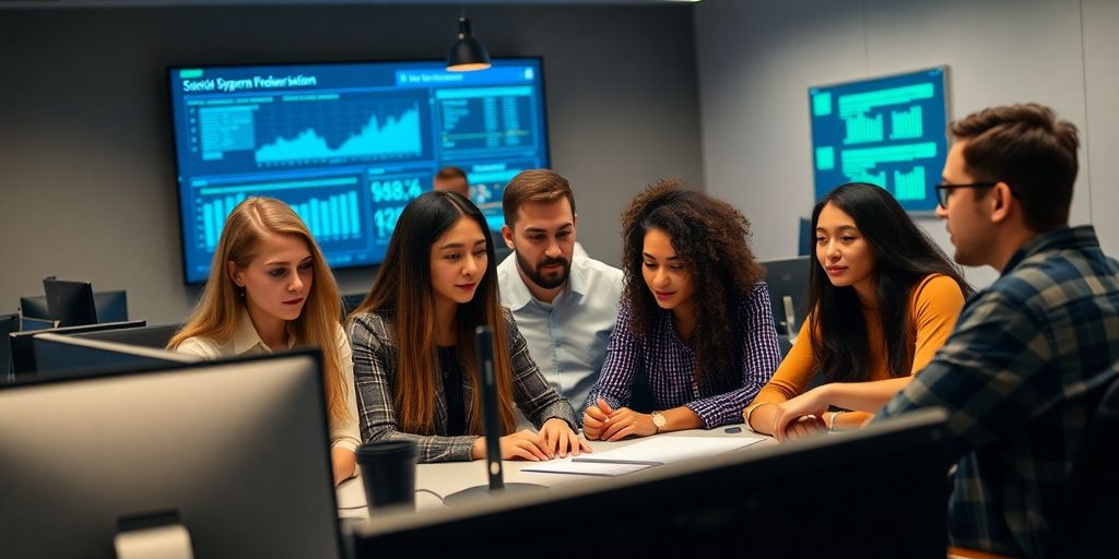 Diverse group in cybersecurity training session, focused teamwork.