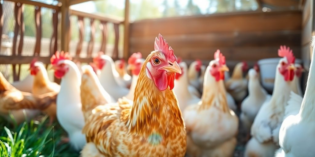 Healthy chickens in a bright, clean coop environment.