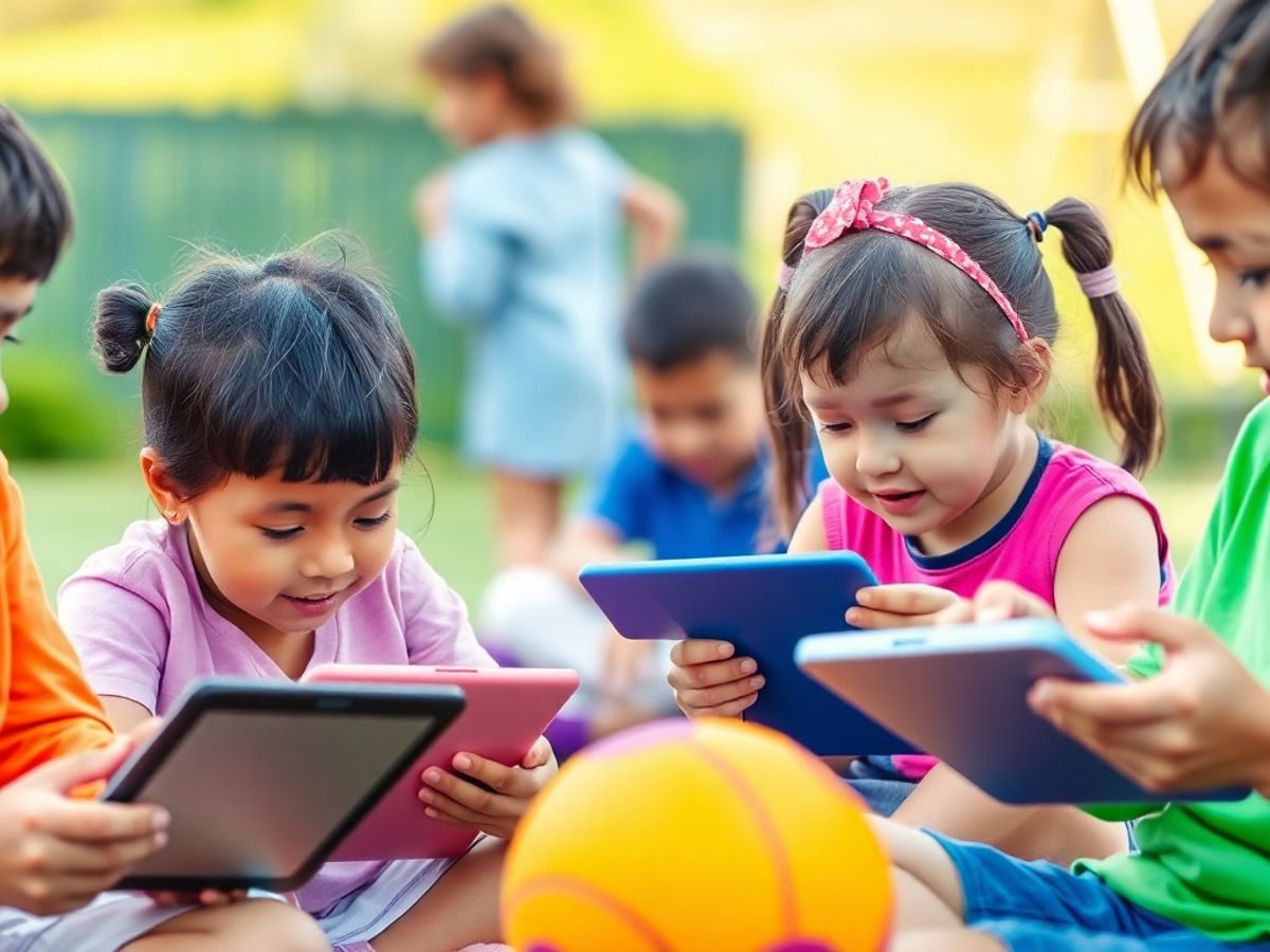 Copii jucându-se cu tehnologia și activități fizice.