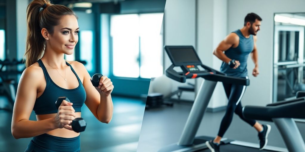 Woman lifting weights and man running on treadmill.