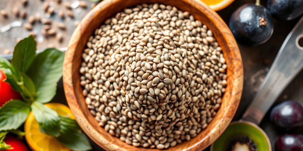 Bulk chia seeds with fruits in a wooden bowl.