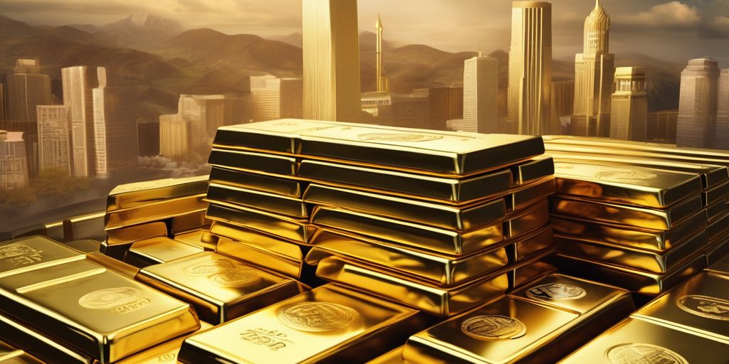 gold bars with central bank buildings and geopolitical tension symbols
