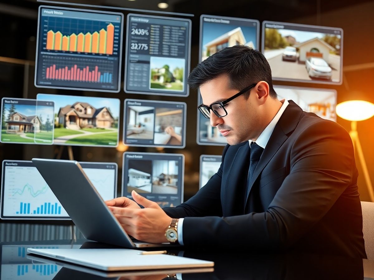 Agent imobiliar modern analizând date pe laptop.