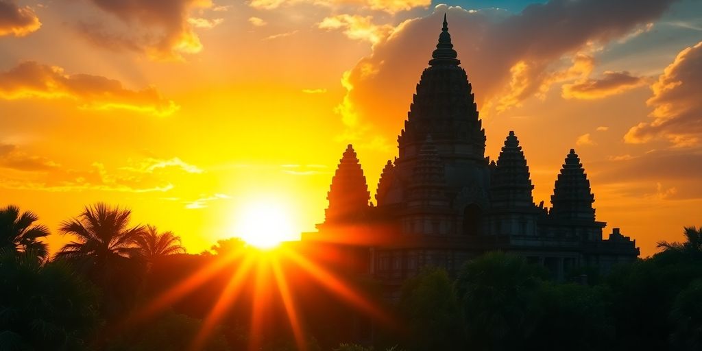 Angkor Wat temple bathed in golden sunrise light.