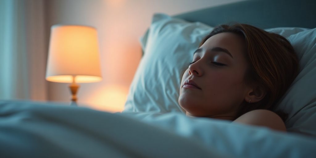 Peaceful bedroom, soft light, person sleeping.