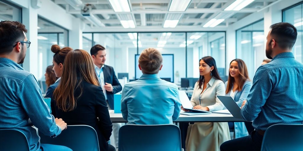 Professionelle Weiterbildungssituation in modernem Büro mit Mitarbeitern.