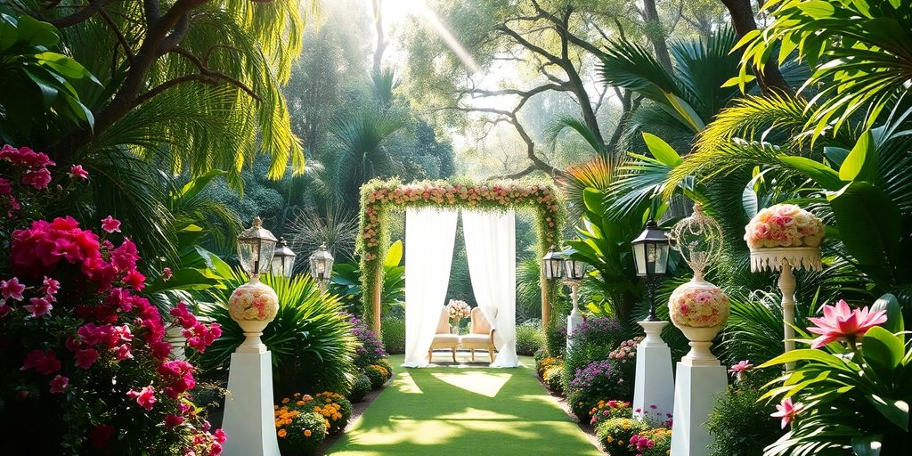 Botanical garden wedding venue with flowers and greenery.